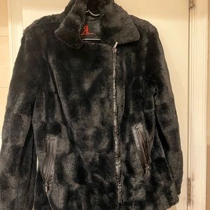 Adrienne Landau Faux Fur Zip Up Coat Asymmetrical